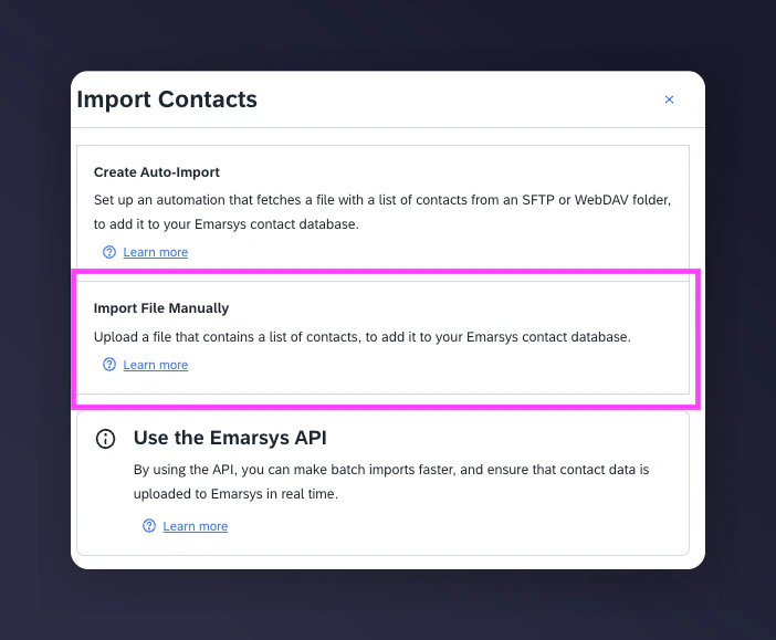 Import file manually option in Emarsys