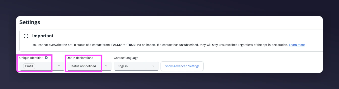 Import settings with unique identifier and opt-in configuration