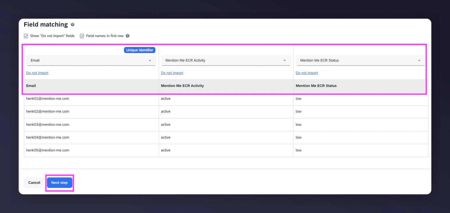 Column matching step in Emarsys import