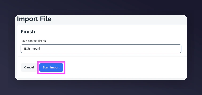 Naming and starting the ECR import in Emarsys