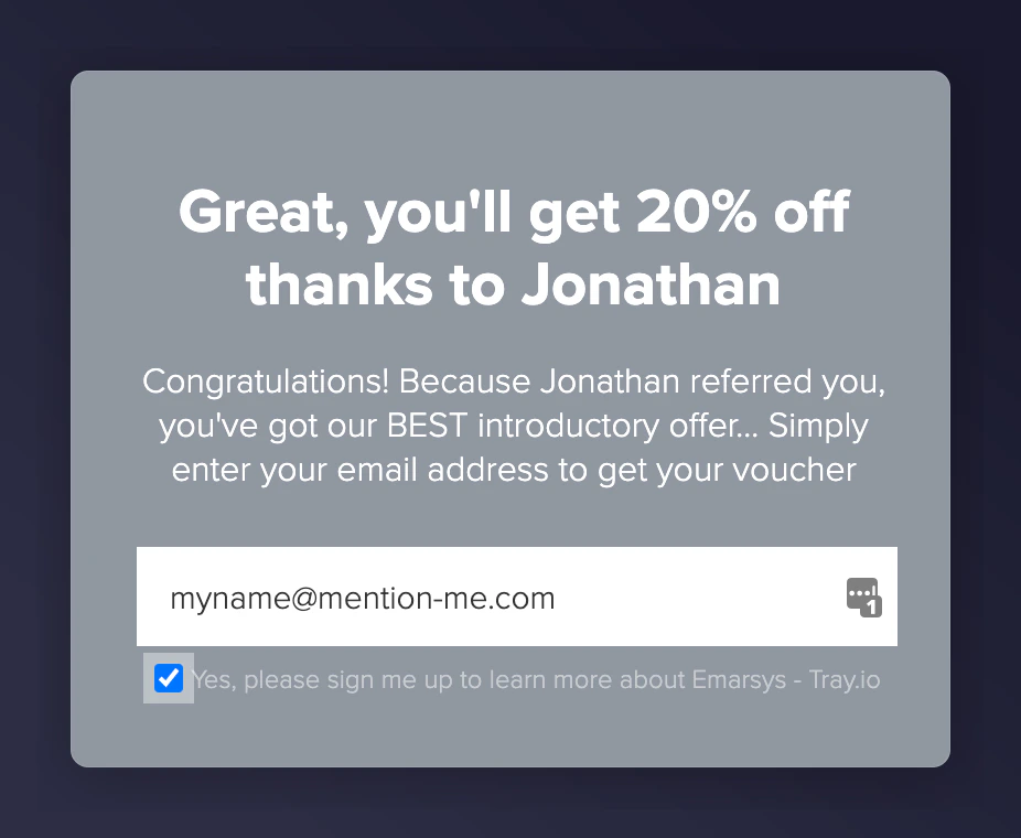 Newsletter opt-in overlay from Mention Me