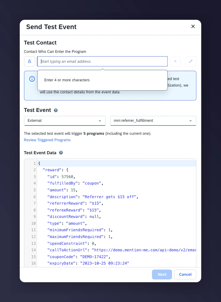 Entering test email address for Emarsys event testing