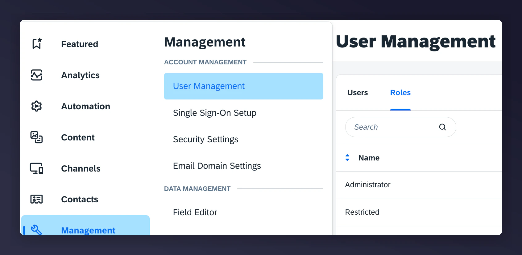 Emarsys User Management Roles navigation