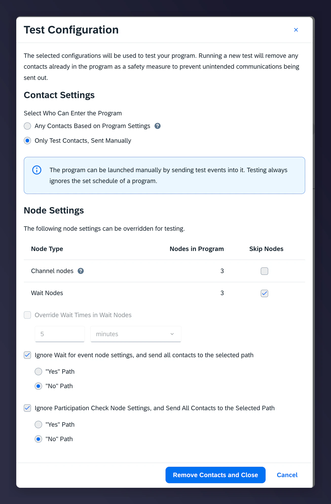 Configuring test node settings in Emarsys