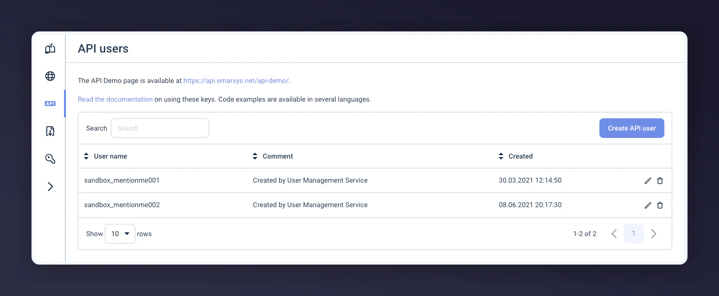 Creating API username and secret in Emarsys