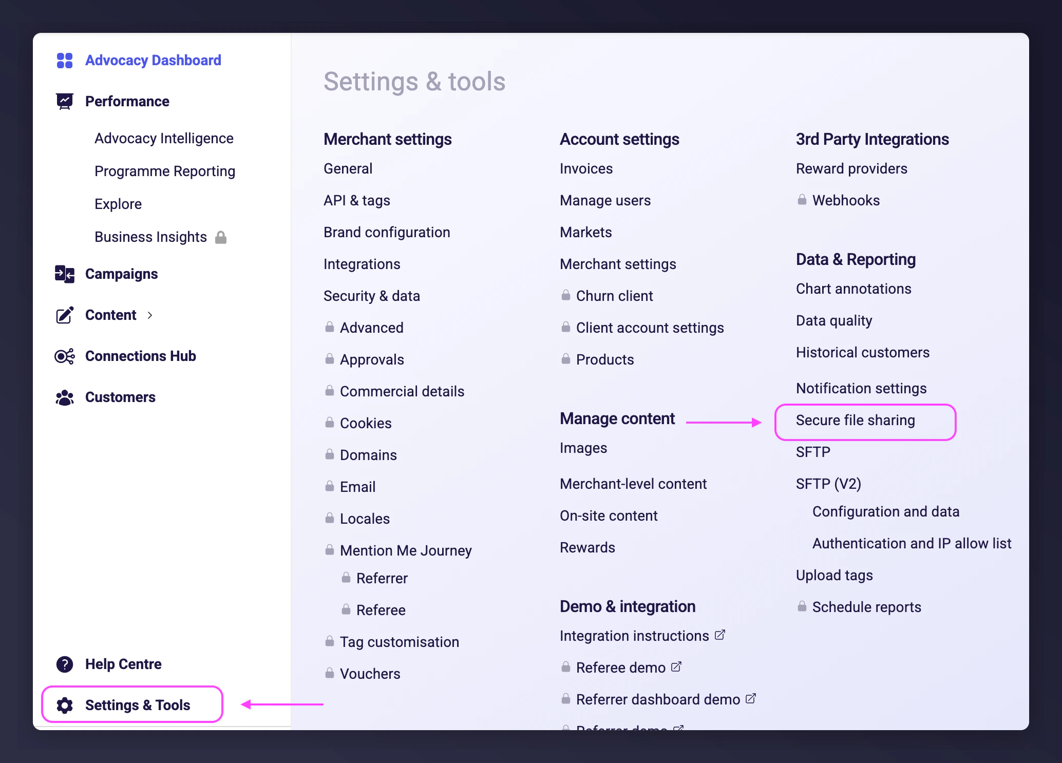 Secure file transfer page in Mention Me