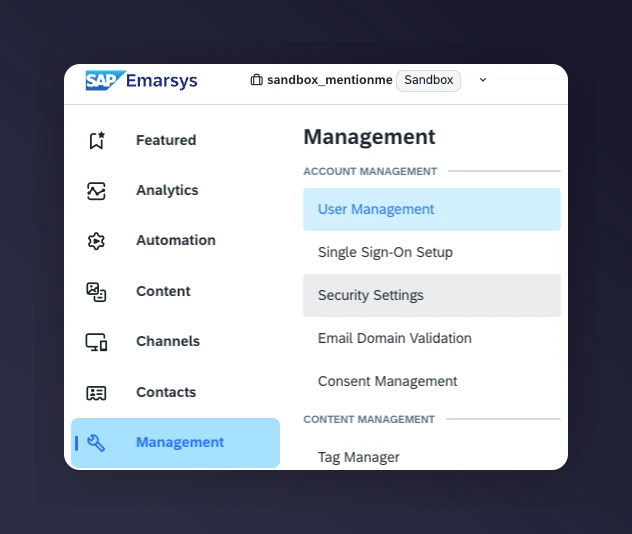 Emarsys Security Settings API navigation