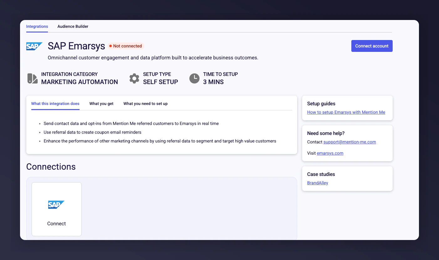 Mention Me Emarsys integration connect page