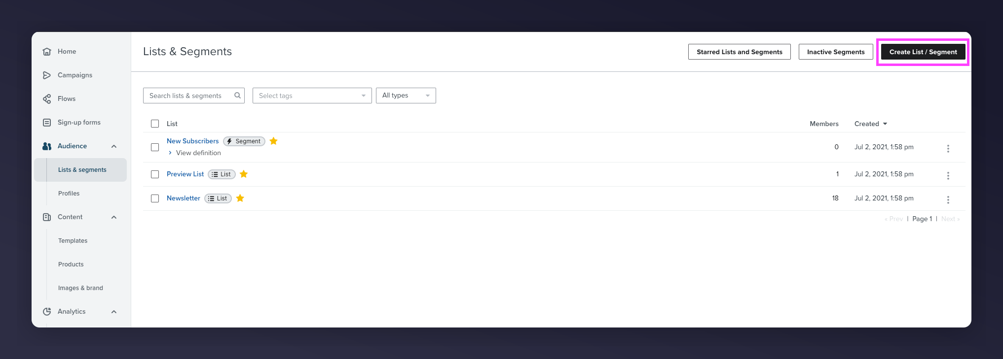 Klaviyo Audience menu navigating to Lists and Segments