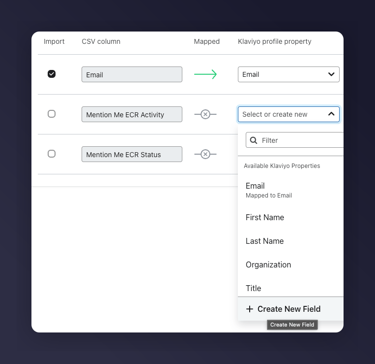 Klaviyo Create New Field option for ECR properties