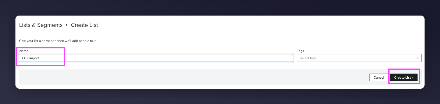 Klaviyo Create List dialog with ECR import name