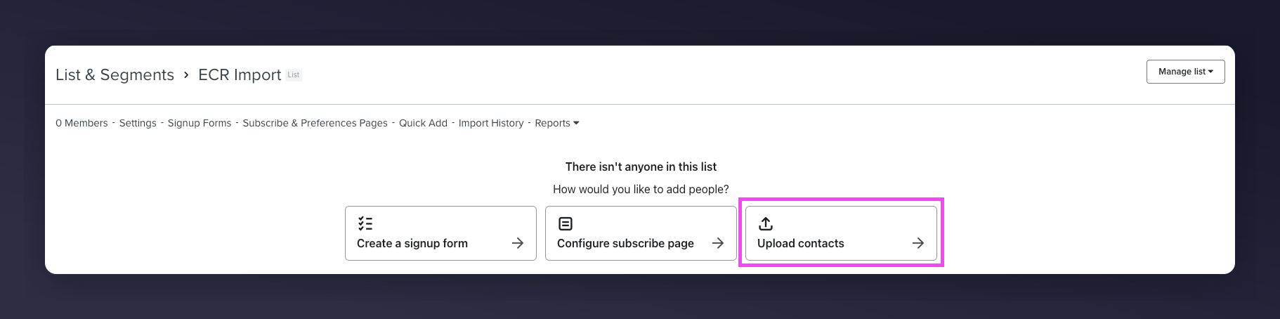 Klaviyo Upload Contacts button on list page