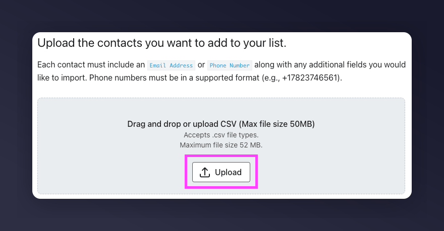 Klaviyo CSV upload dialog