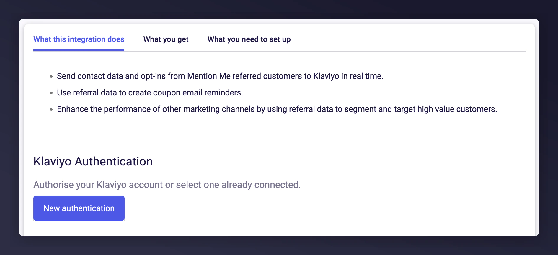 Mention Me New Authentication button for Klaviyo