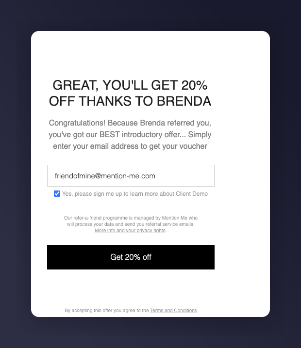Customer consent opt-in overlay from Mention Me