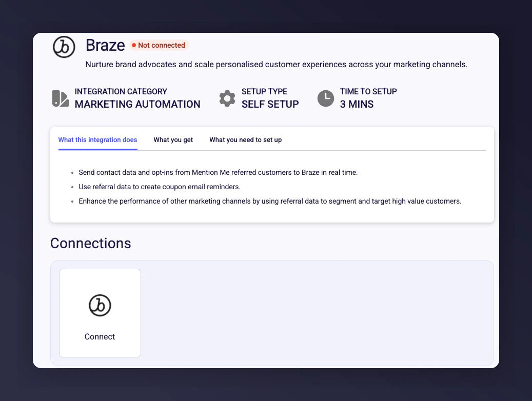 Mention Me Braze integration page with Connect button
