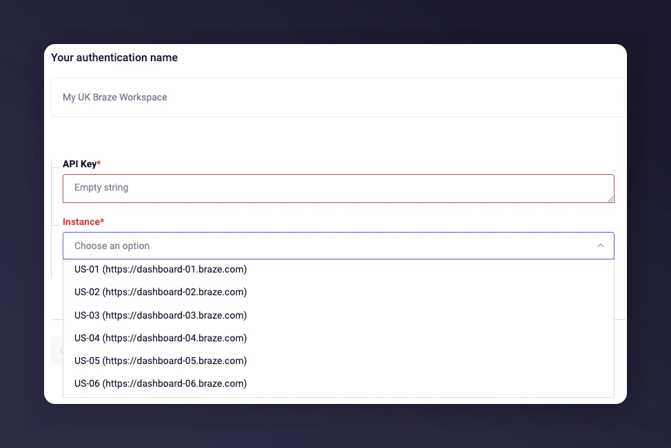 Braze instance region selection in Mention Me