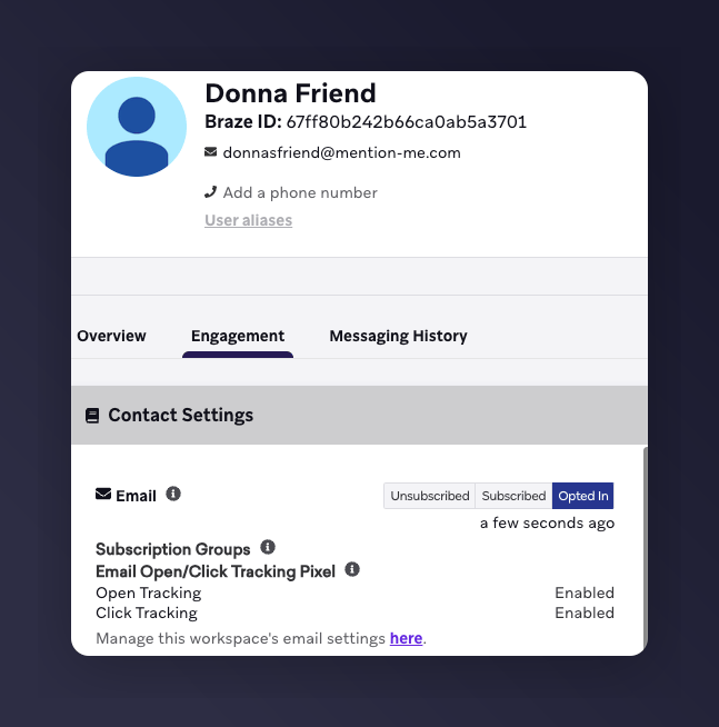 Braze customer profile showing email subscription status