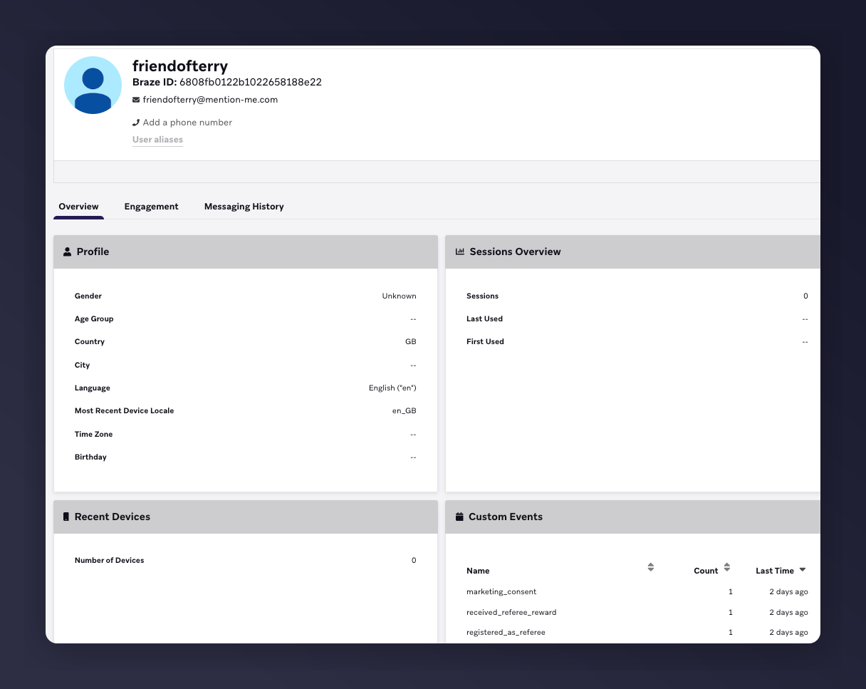 Braze customer profile showing Mention Me custom events