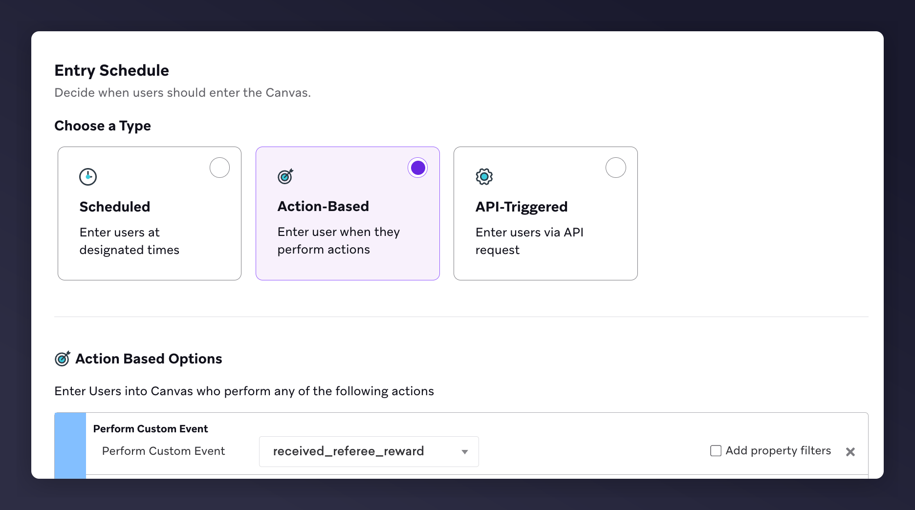 Braze canvas entry schedule with received_referee_reward trigger
