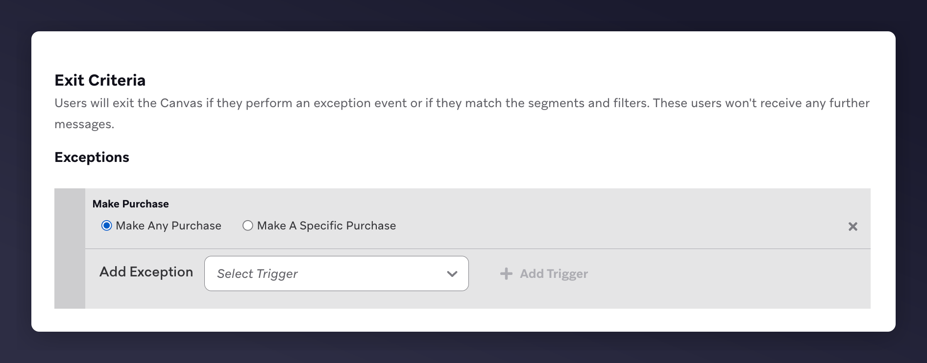 Braze exit criteria set to Make Any Purchase