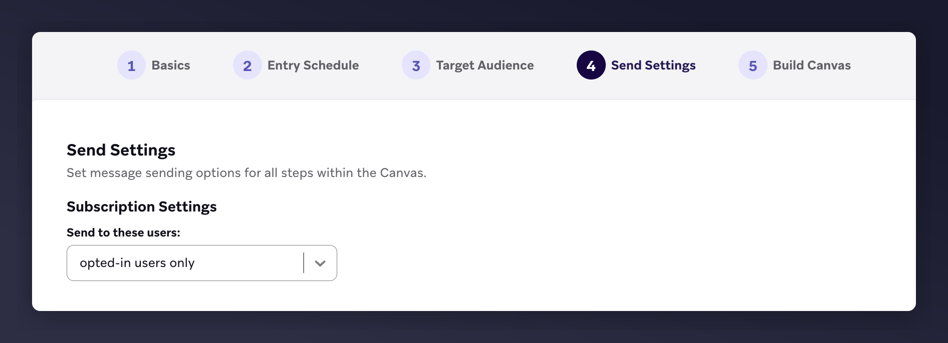 Braze send settings with opted-in users only selected
