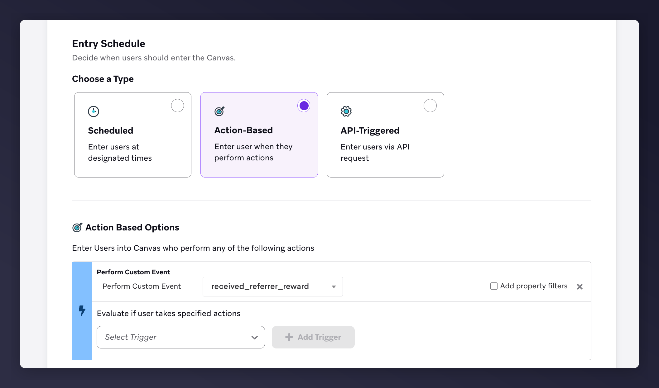 Braze canvas entry schedule with received_referrer_reward trigger