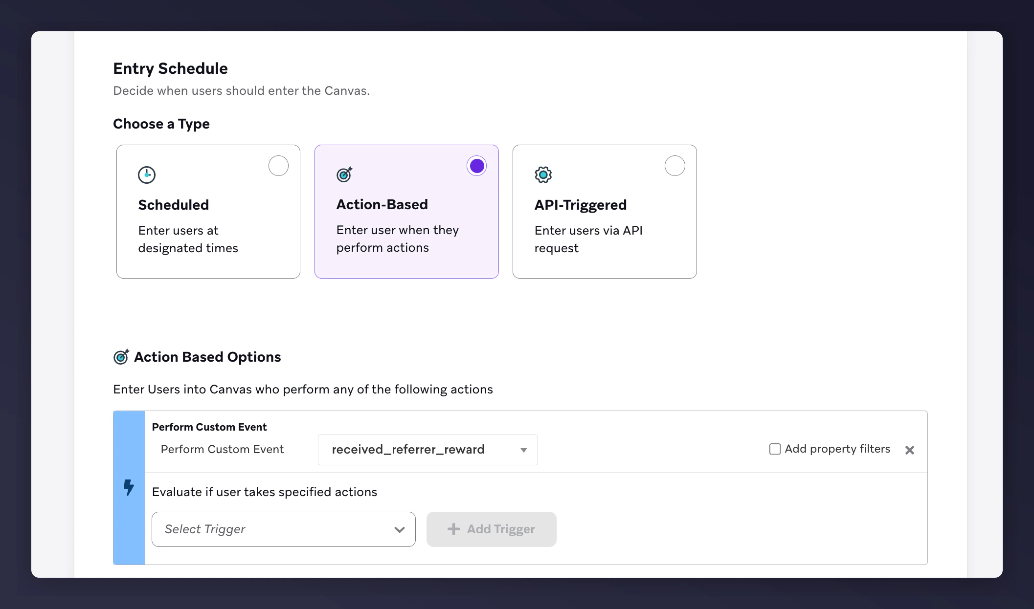 Braze canvas entry schedule with received_referrer_reward trigger