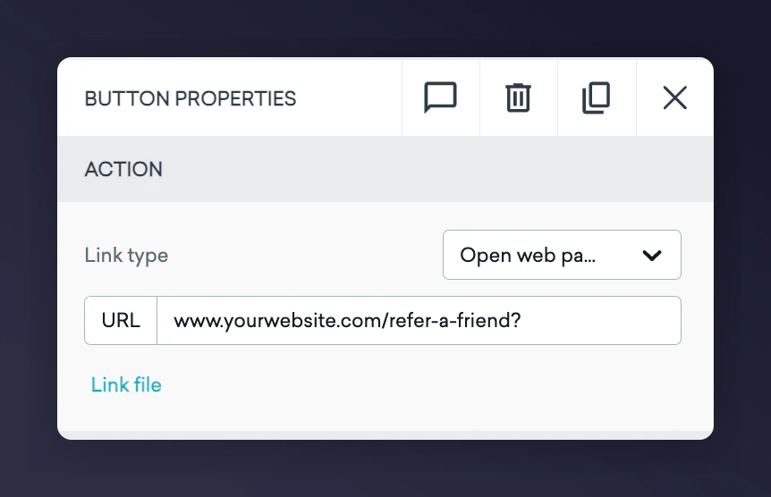 Braze button URL field with referral landing page base URL