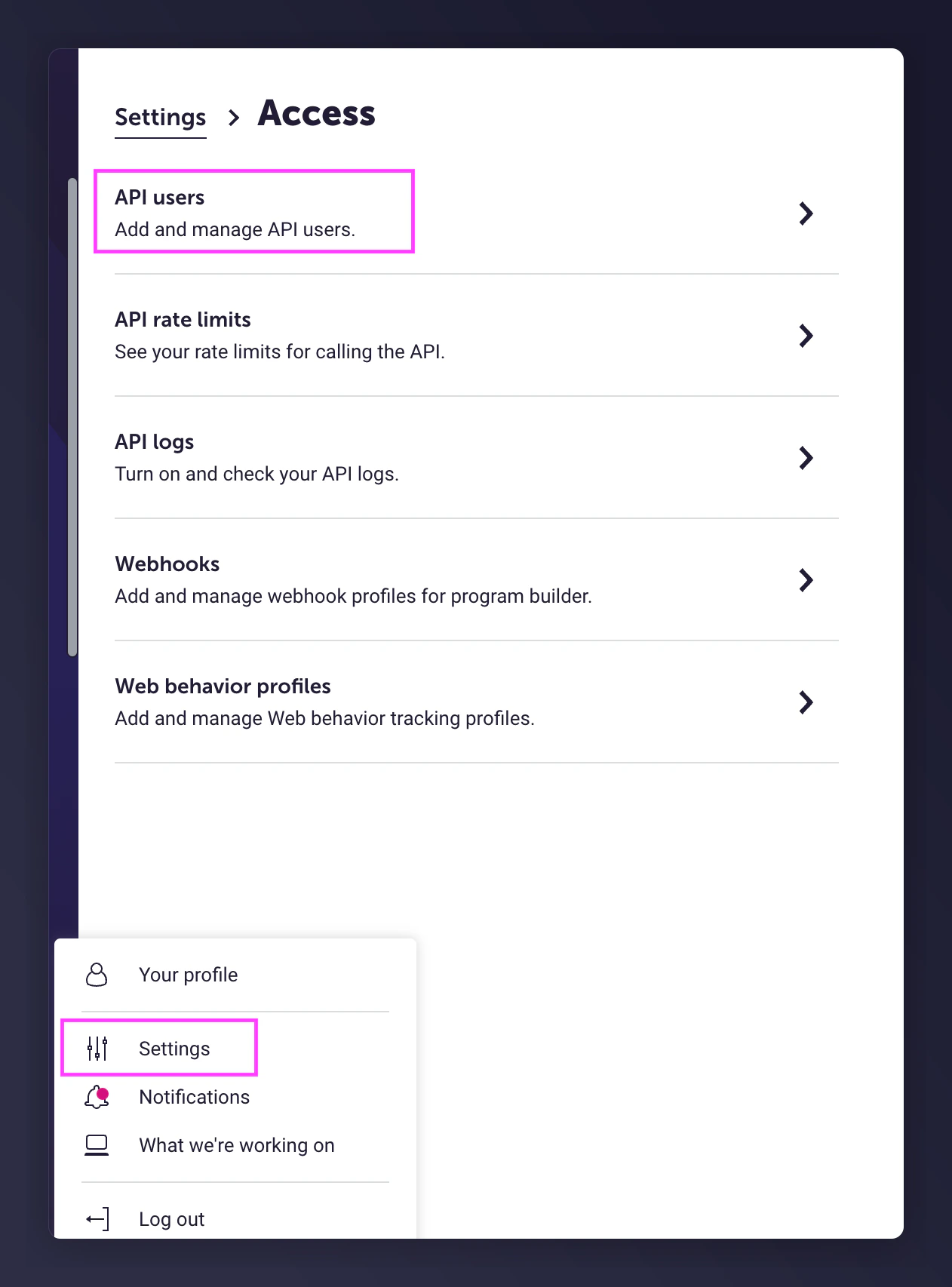 Dotdigital API users navigation