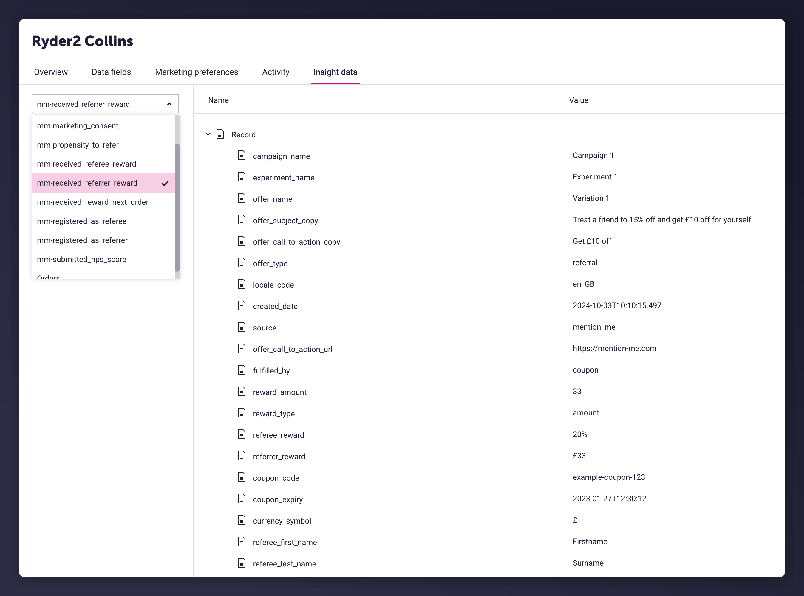 Insight Data section in Dotdigital customer profile