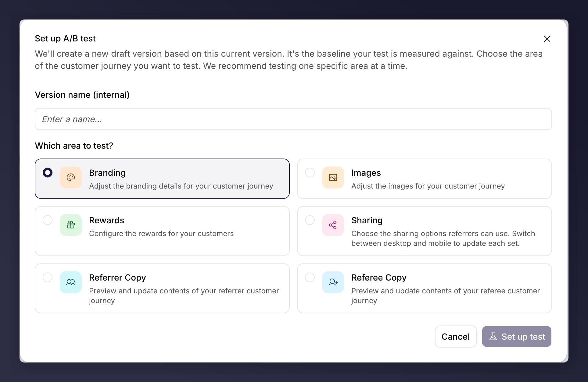 The Set up A/B test dialog created from a running version