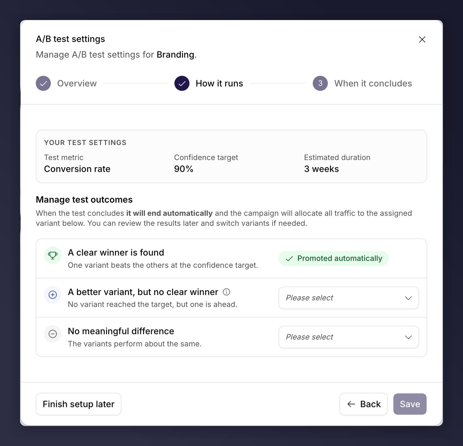 The When it concludes step with three outcome cards