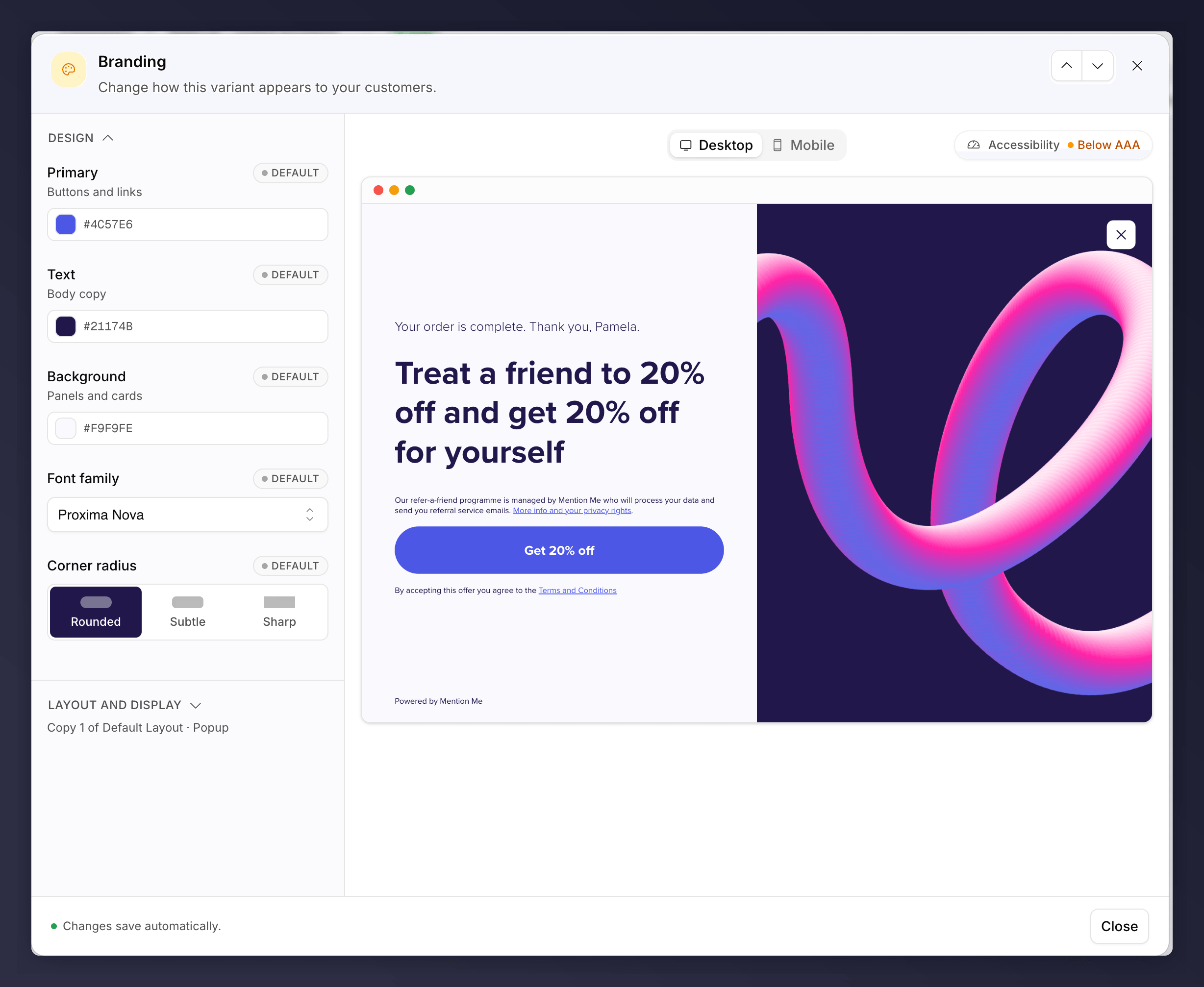The Branding node editor showing colour and font controls