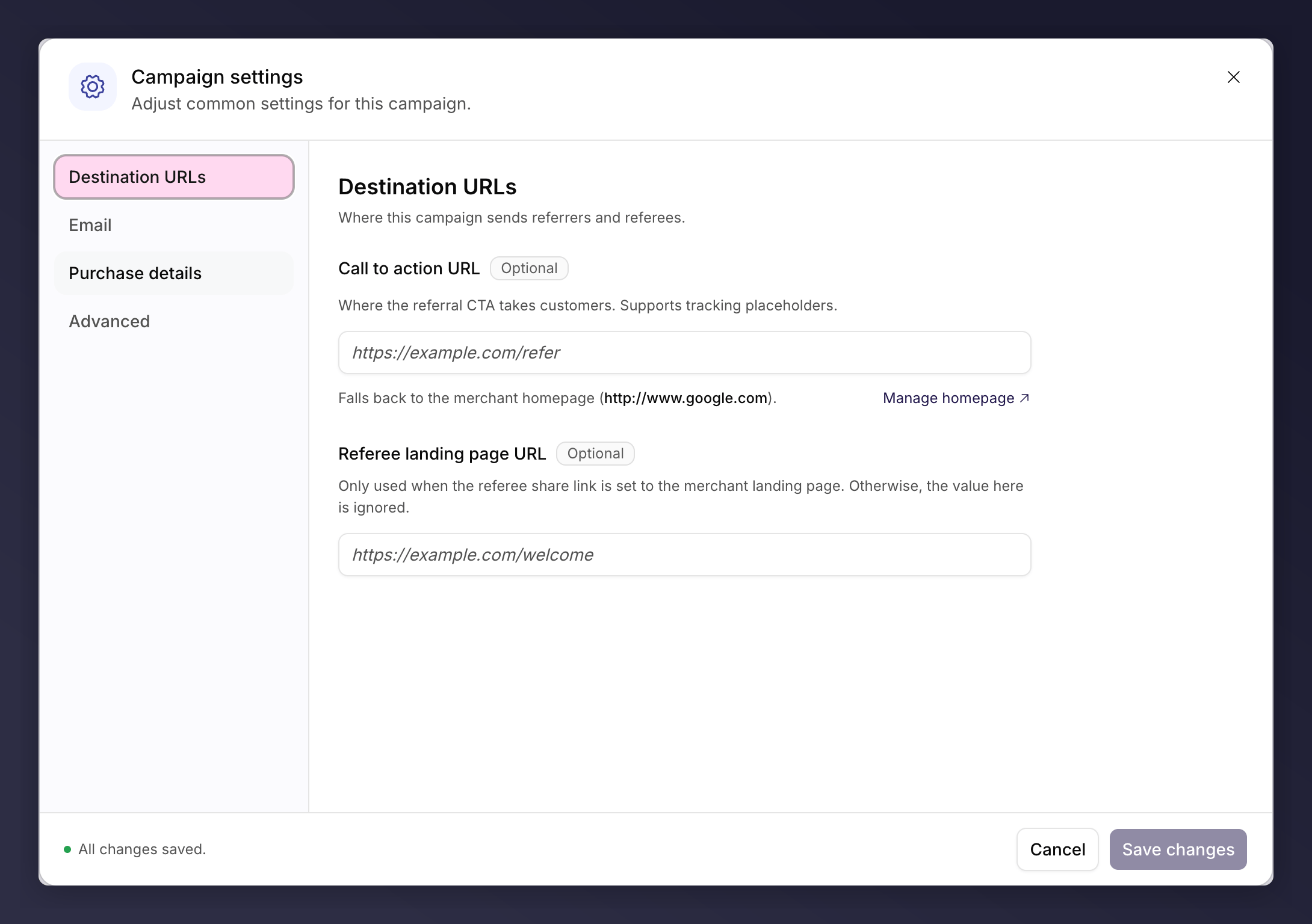 The Campaign settings sheet with destination URL, email, purchase and advanced options
