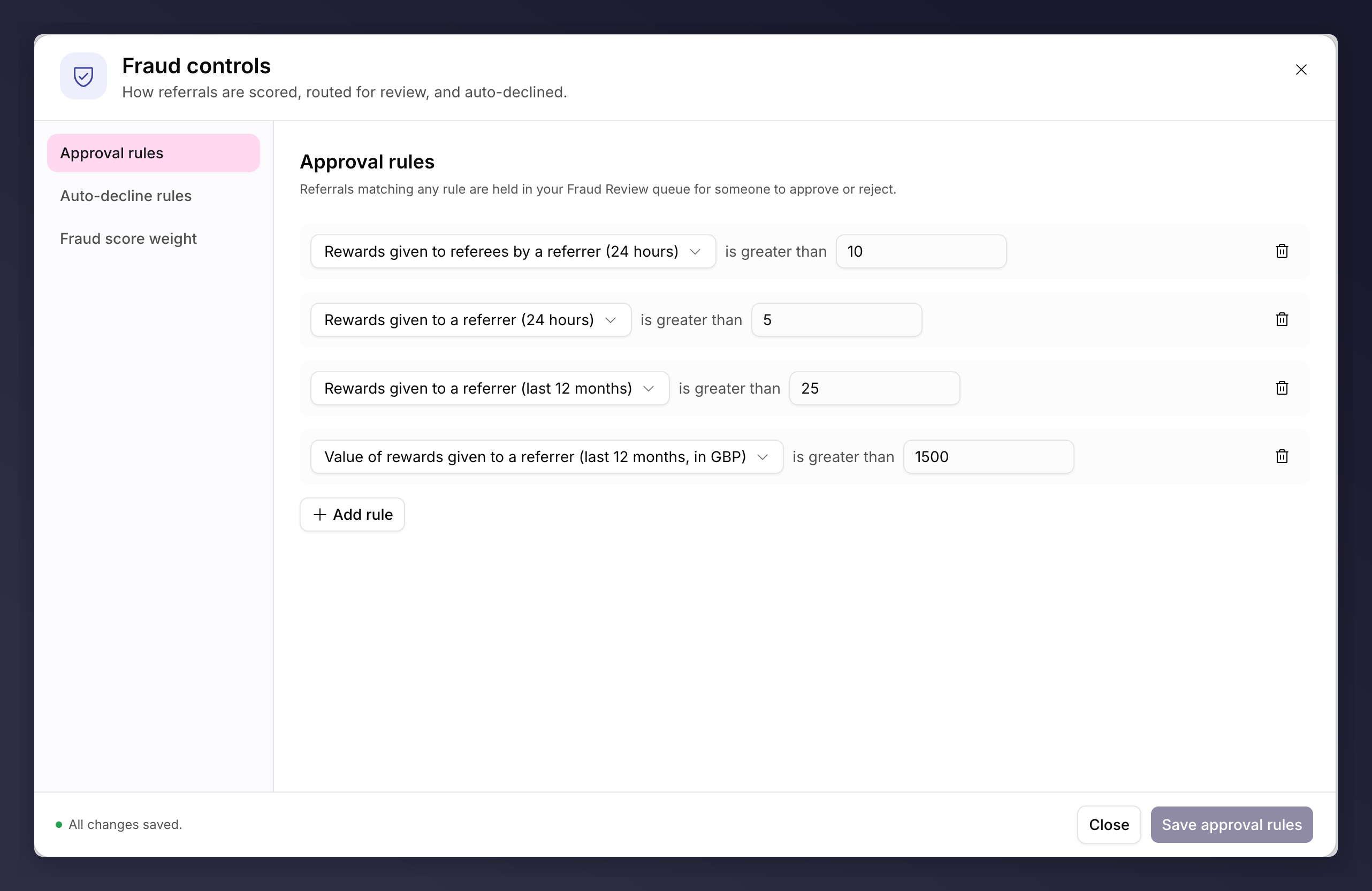 The Fraud controls dialog showing the approval, auto-decline and score sections