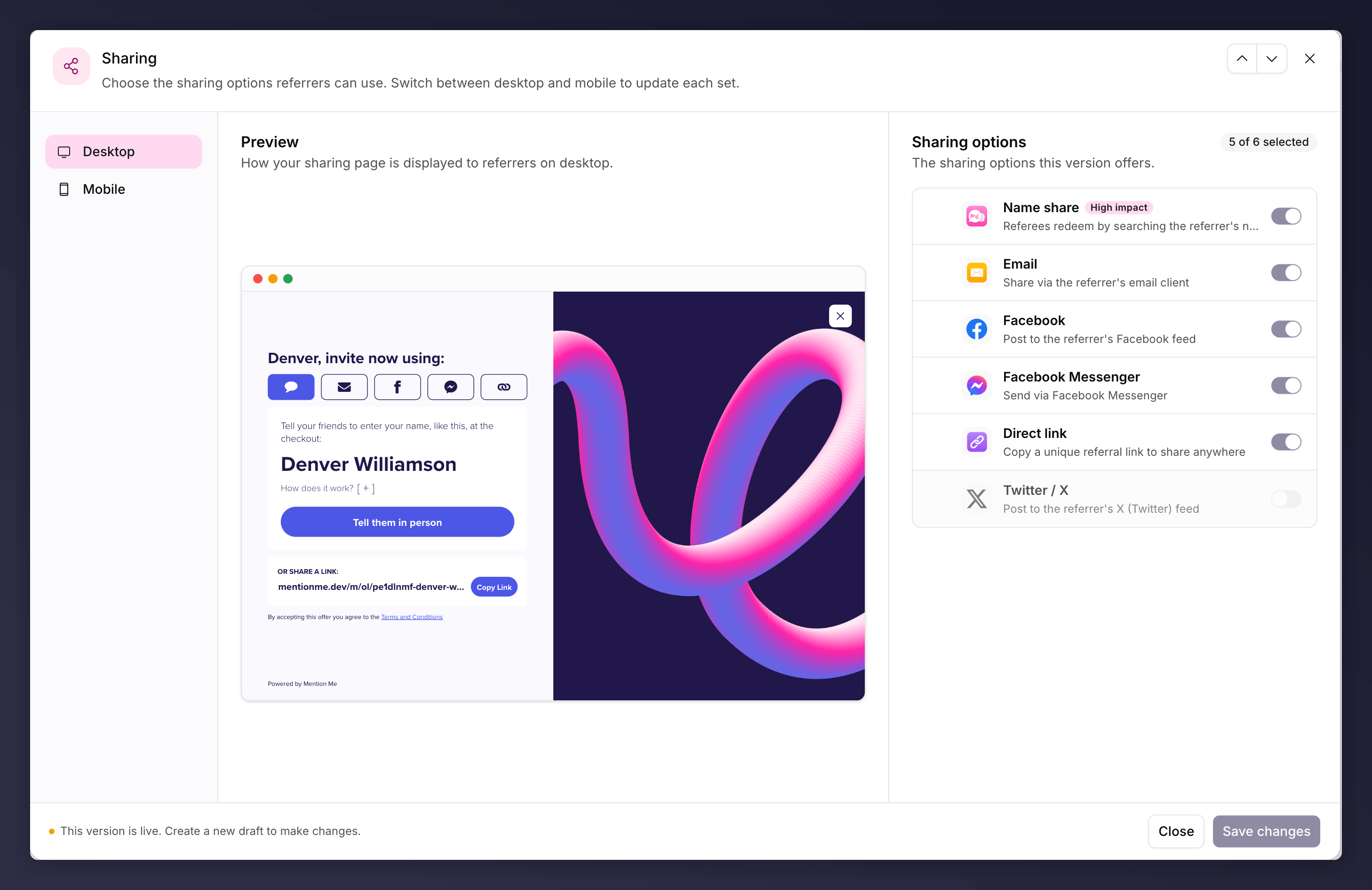 The Sharing node editor showing the device nav, preview and options list