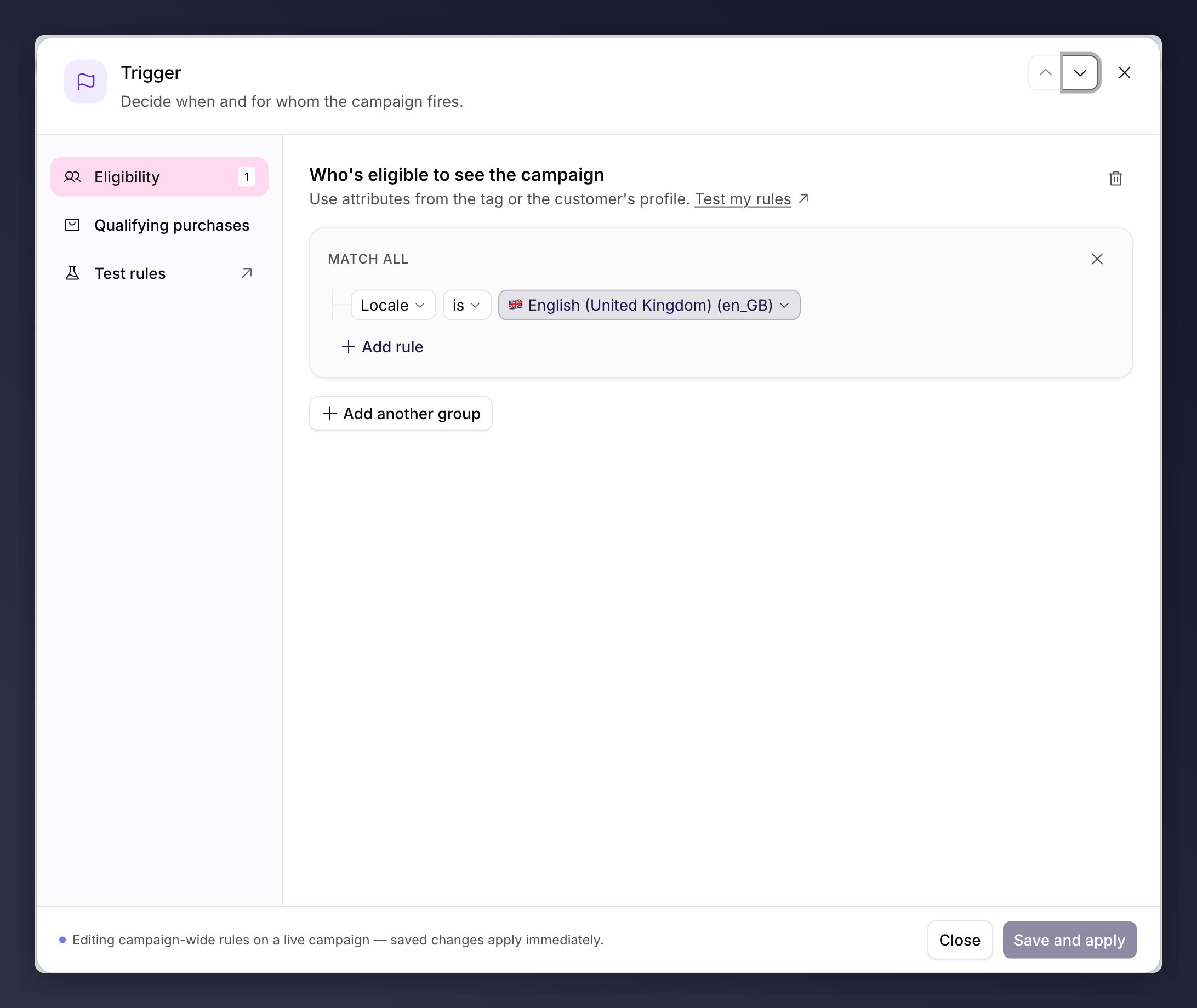 The Trigger node editor showing eligibility rules