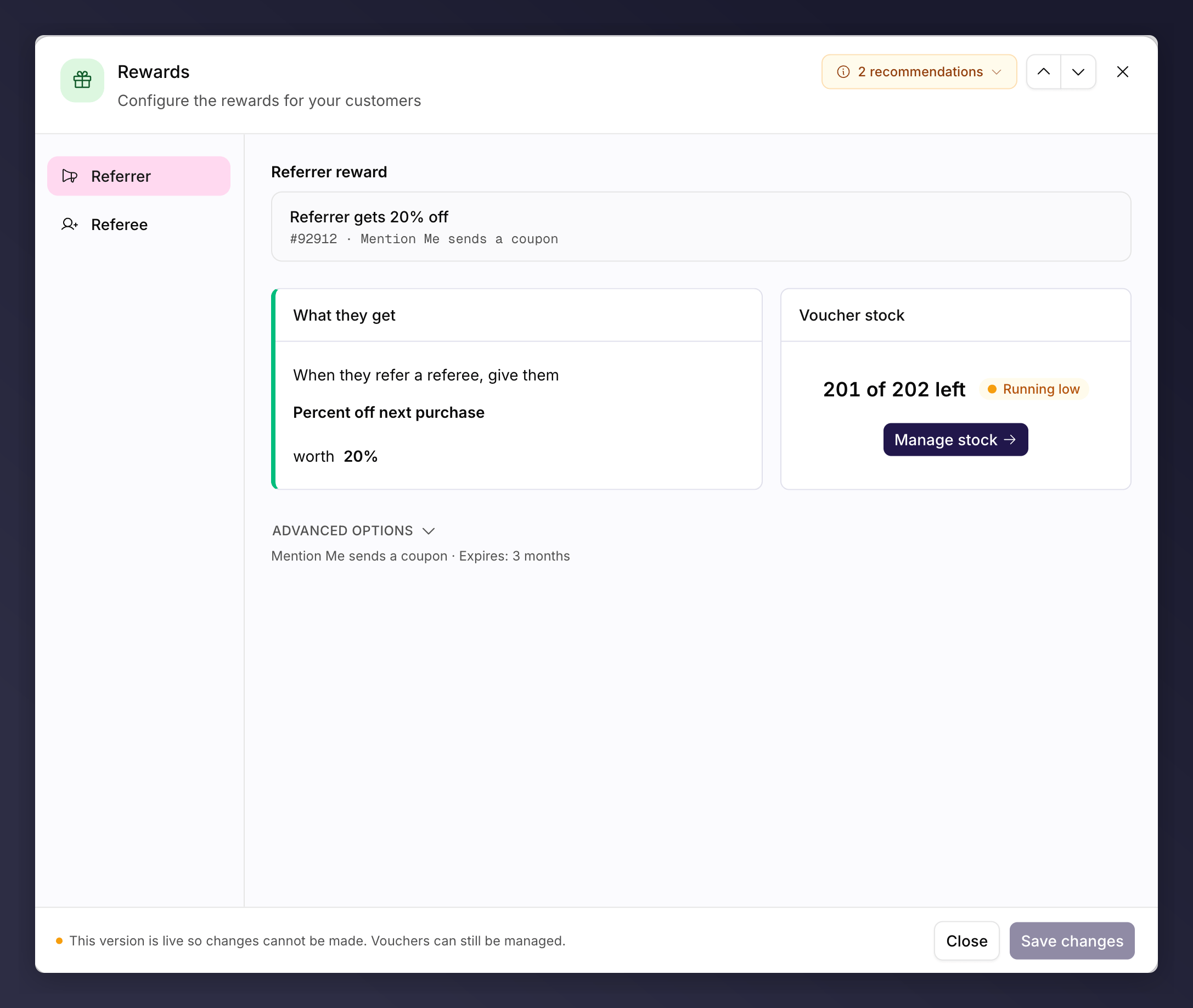 The Rewards node editor showing the referrer and referee reward
tabs