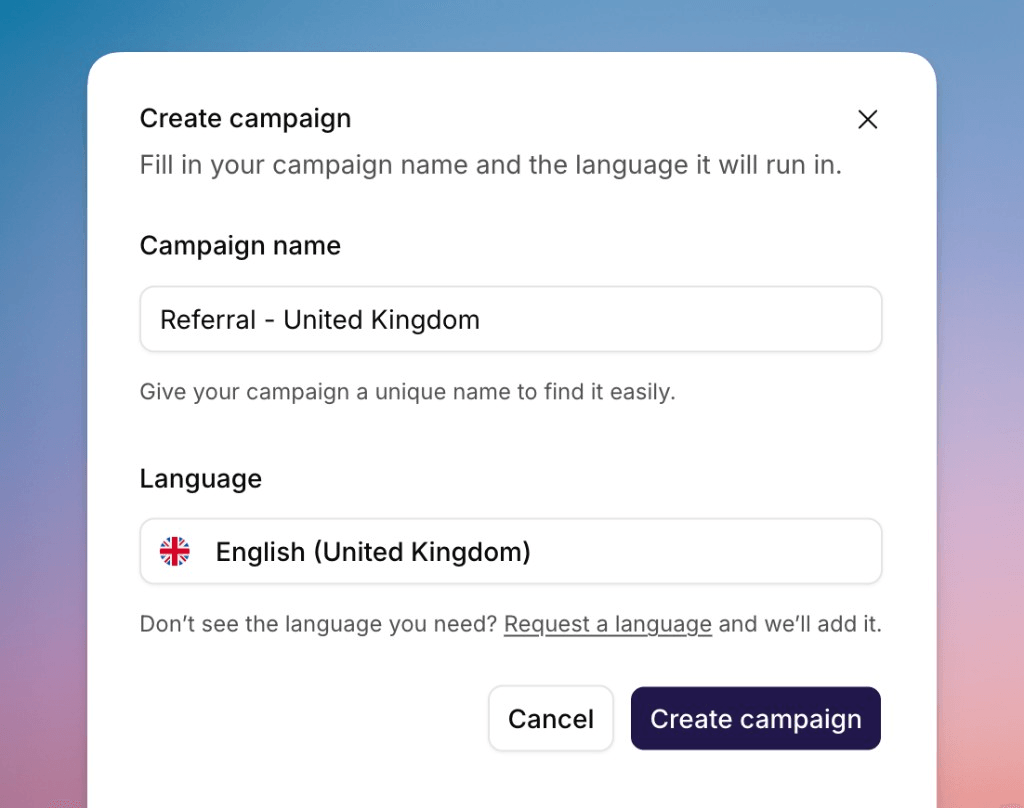 The Create campaign dialog with name and language fields