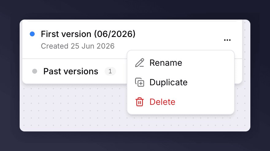 A version's actions menu in the version picker showing Rename, Duplicate and Delete
