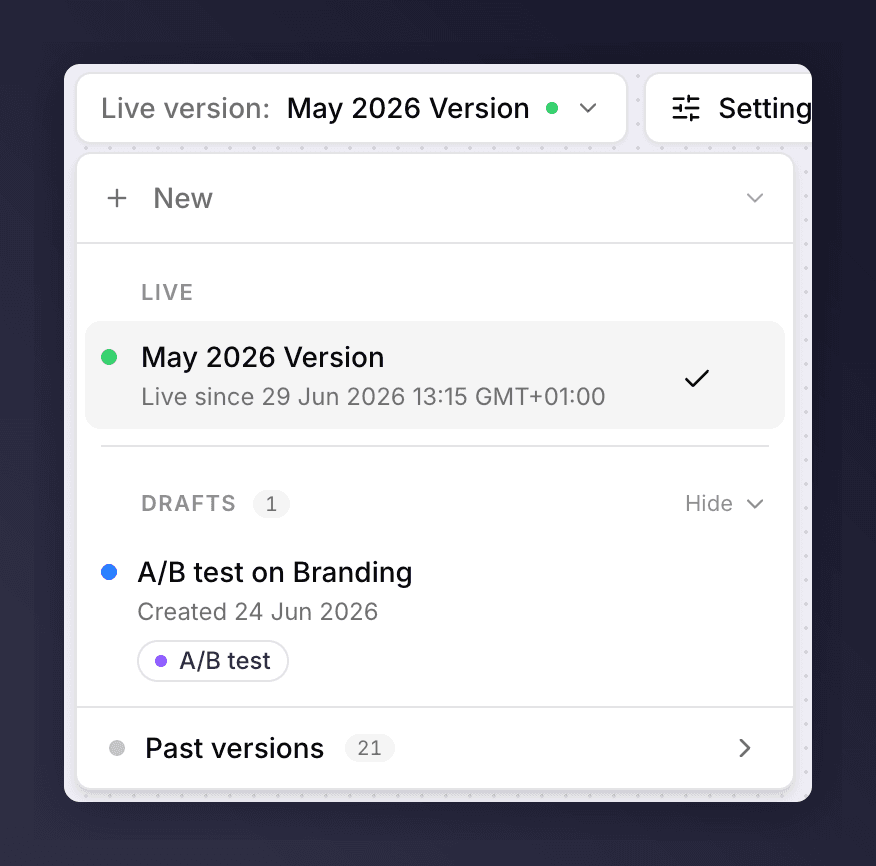 The version picker showing Live, Up next, Drafts and Past sections
