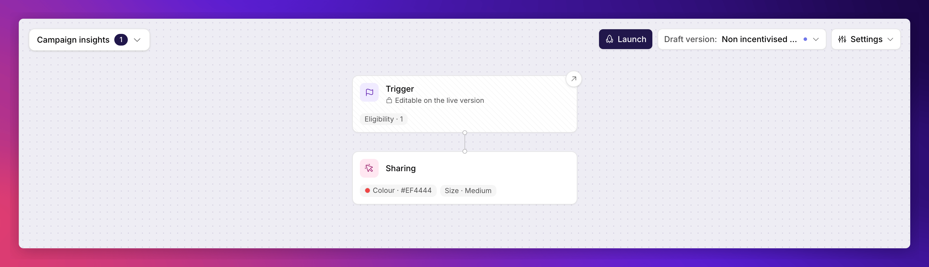Product referral canvas showing only the Trigger and Sharing nodes