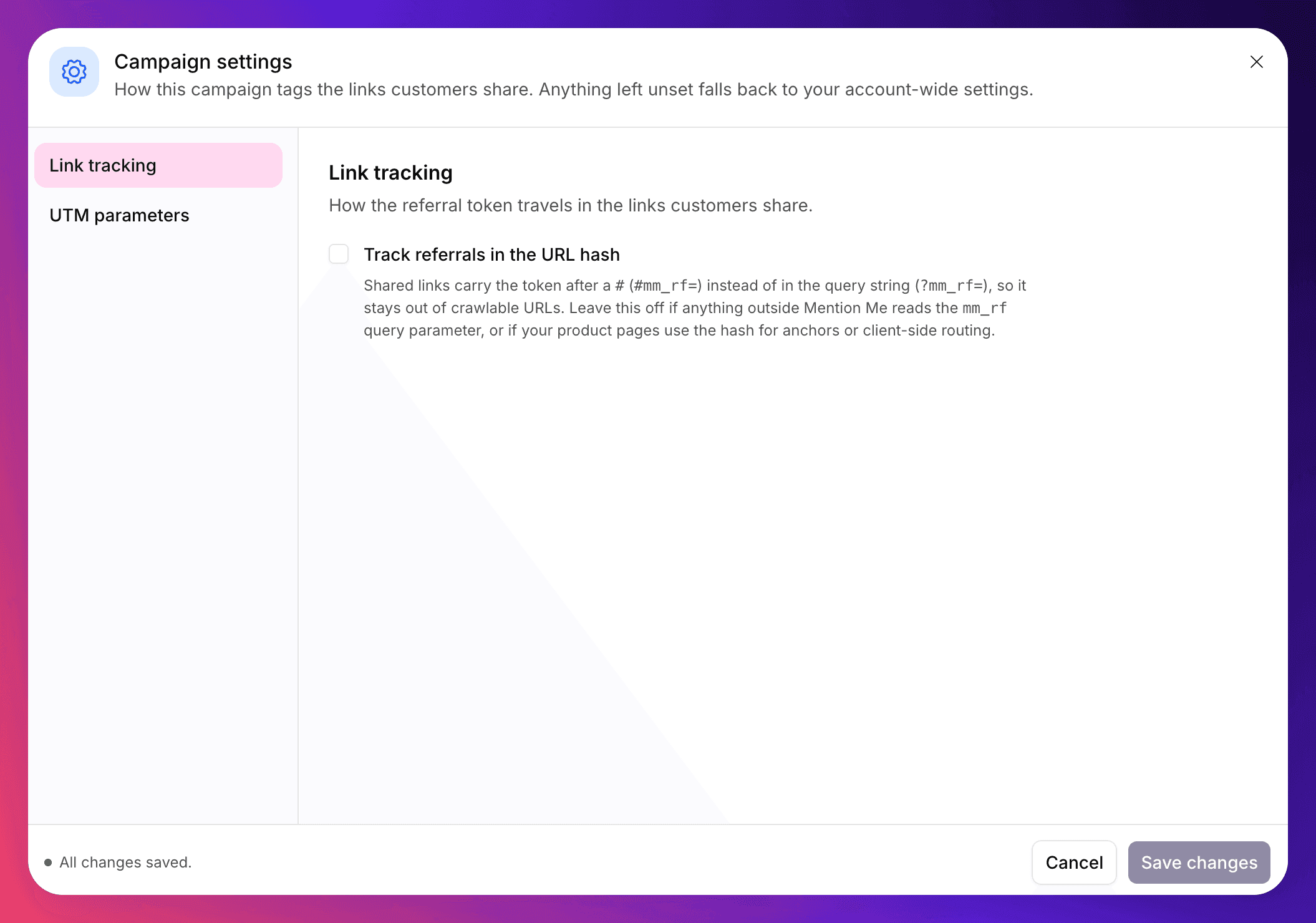 Campaign settings dialog showing the Track referrals in the URL hash option