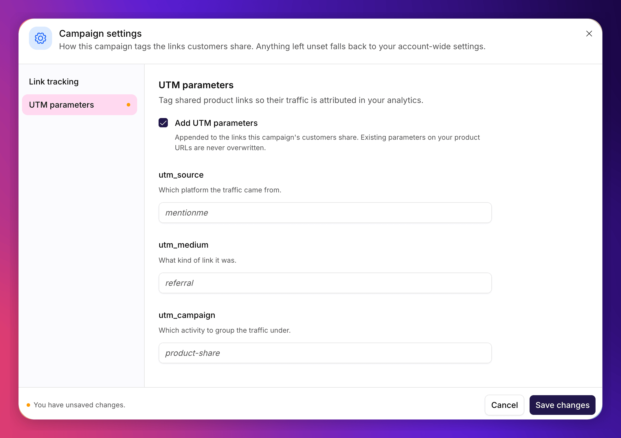 UTM parameters section showing utm_source, utm_medium and utm_campaign fields