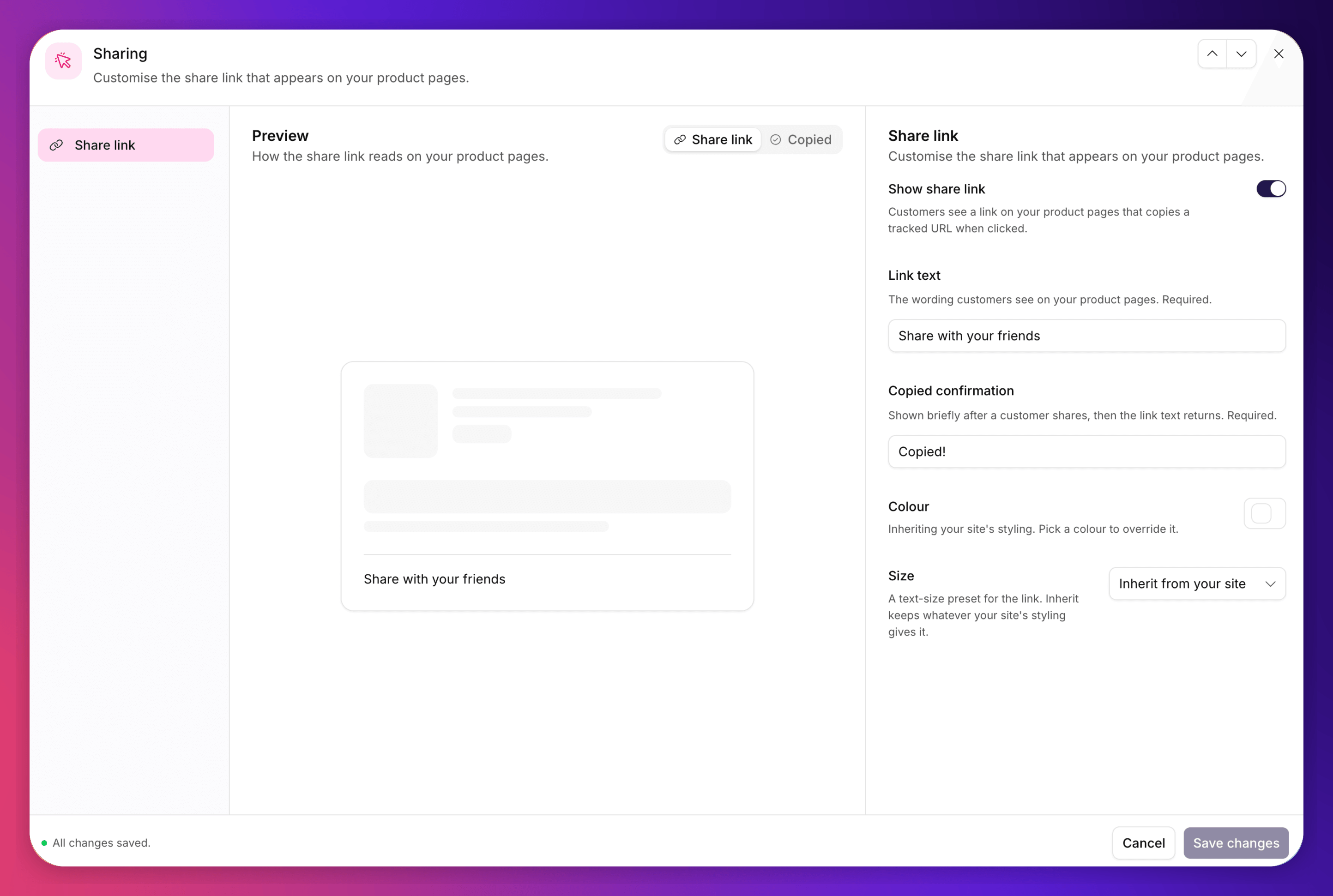 Sharing editor showing Show share link, Link text, Copied confirmation, Colour and Size