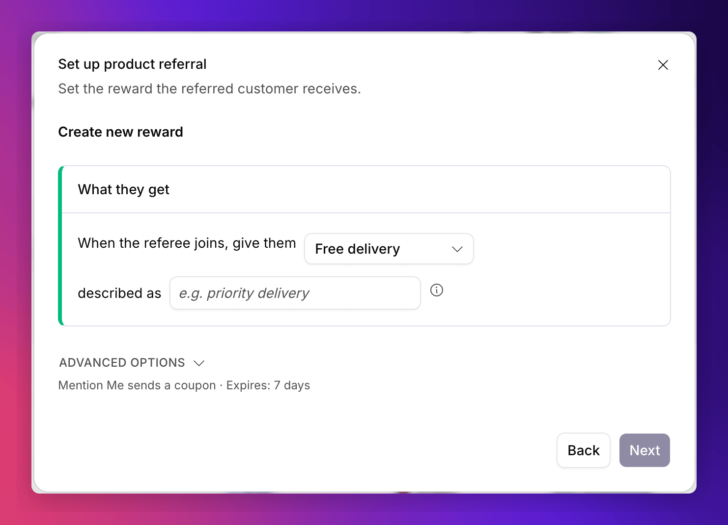 Reward step showing the reward type and description fields