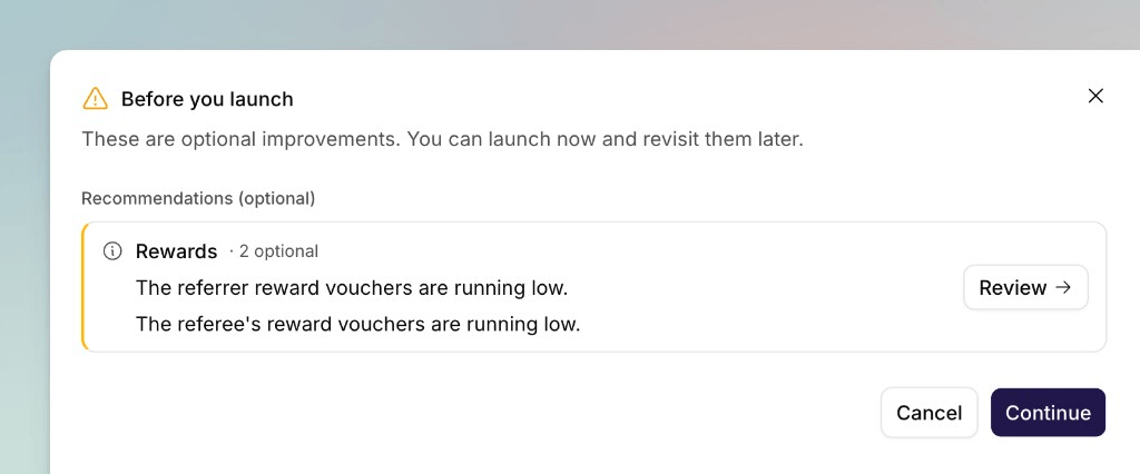 The Before you launch step listing voucher stock recommendations