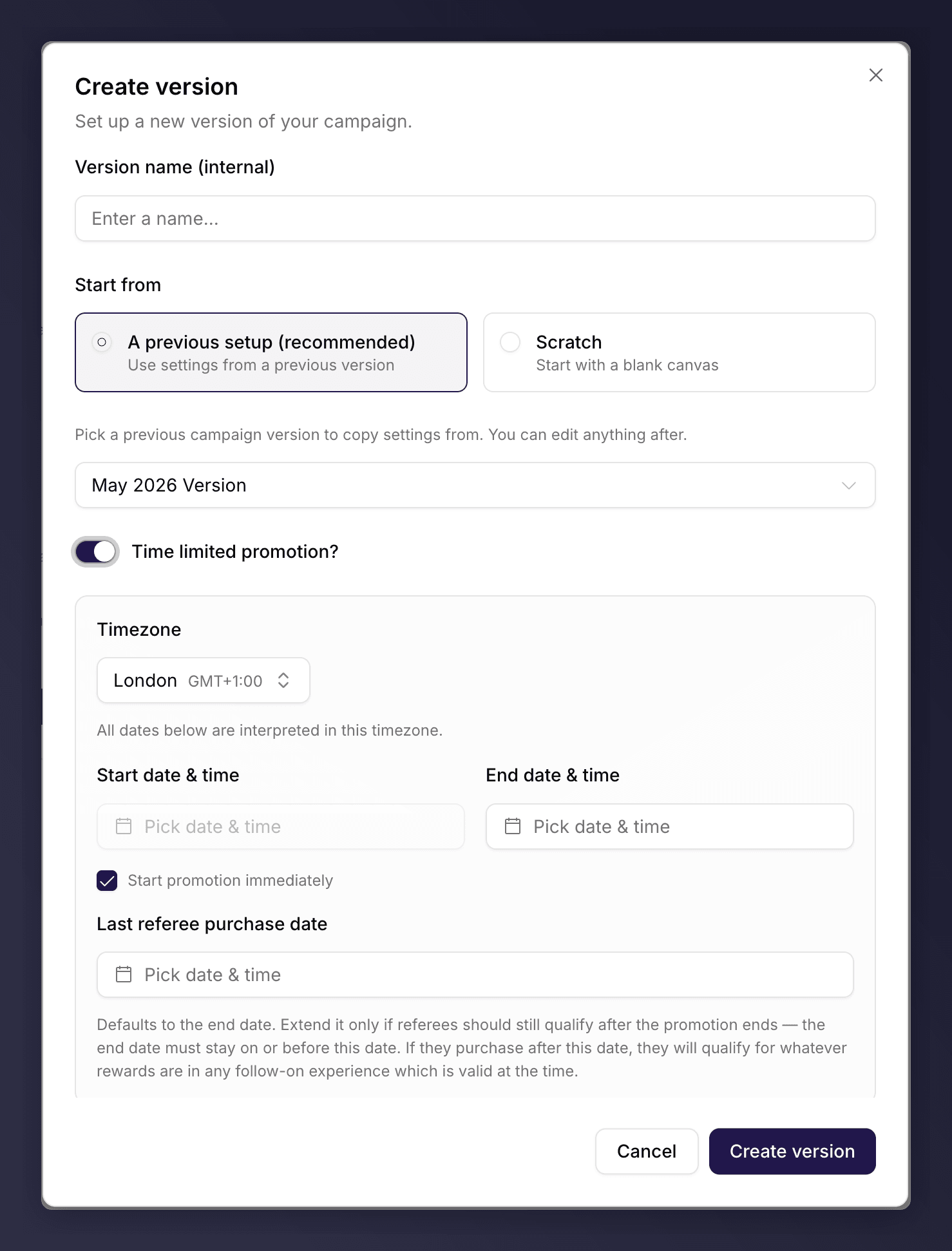 The Create version dialog with the promotion toggle and date fields