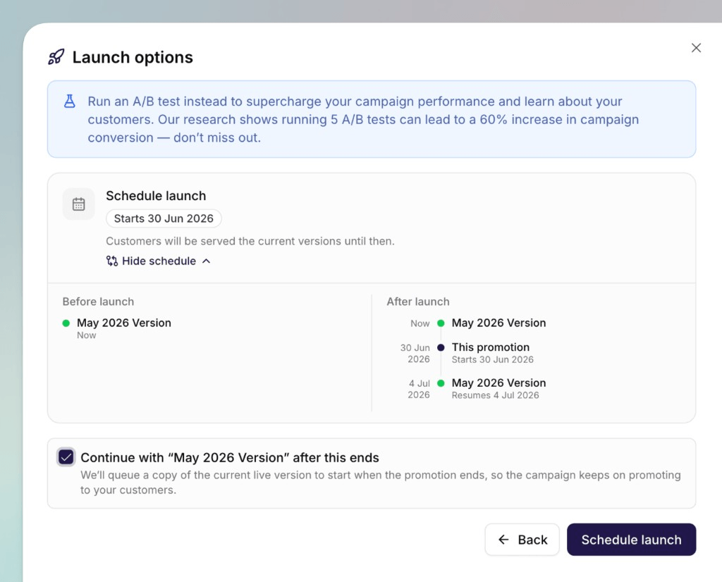 The Launch options step showing Schedule launch and the version timeline